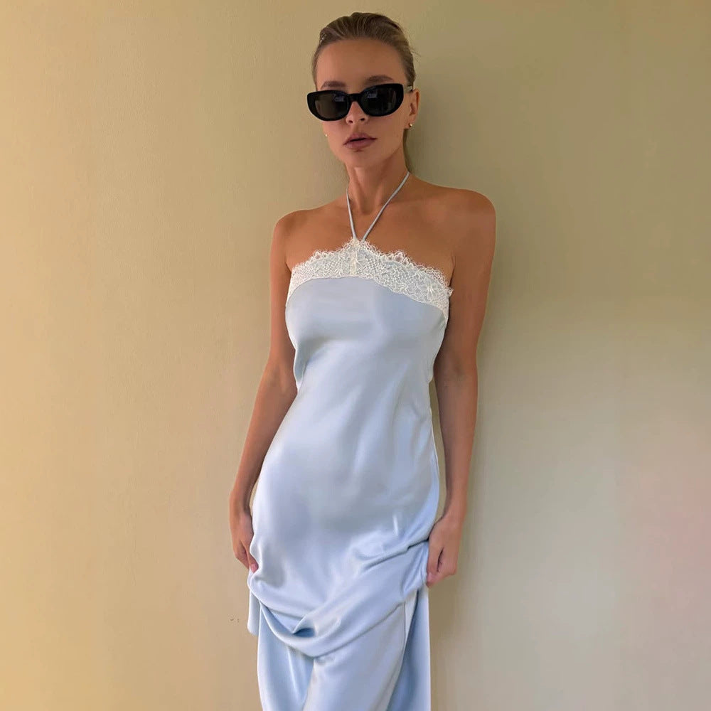 The Dahlia Satin Lace-Trim Halter Dress