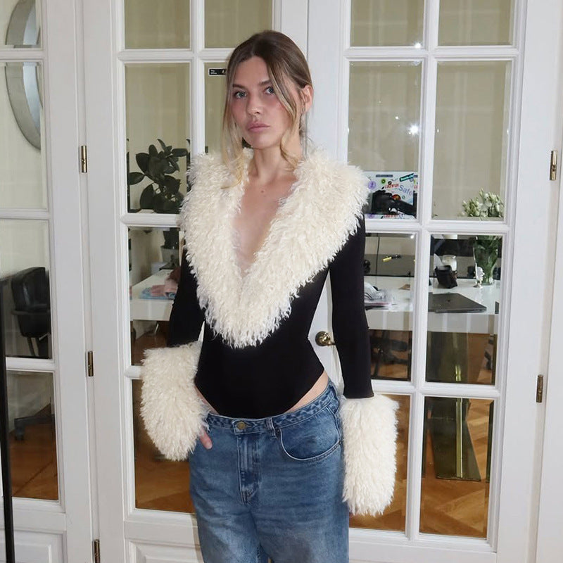 The Zuri Faux-Fur V-Neck Jumpsuit