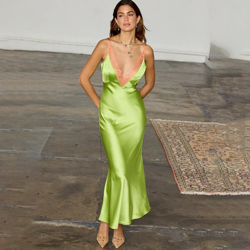 The Reina Satin Backless Plunge-Neck Maxi Dress