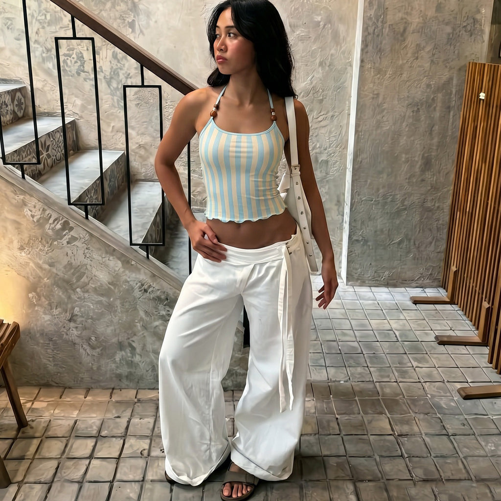 The Elara Beaded Backless Striped Halter
