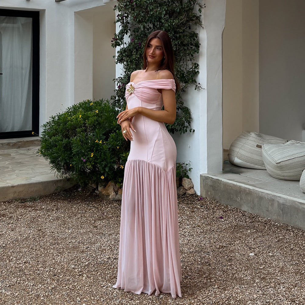 The Zola Pleated Mesh-Panel Backless Maxi Dress