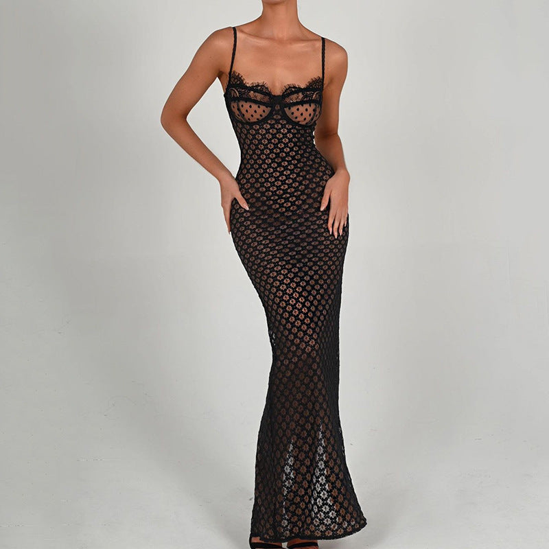 The Nala Polka-Dot Lace Backless Slit Dress