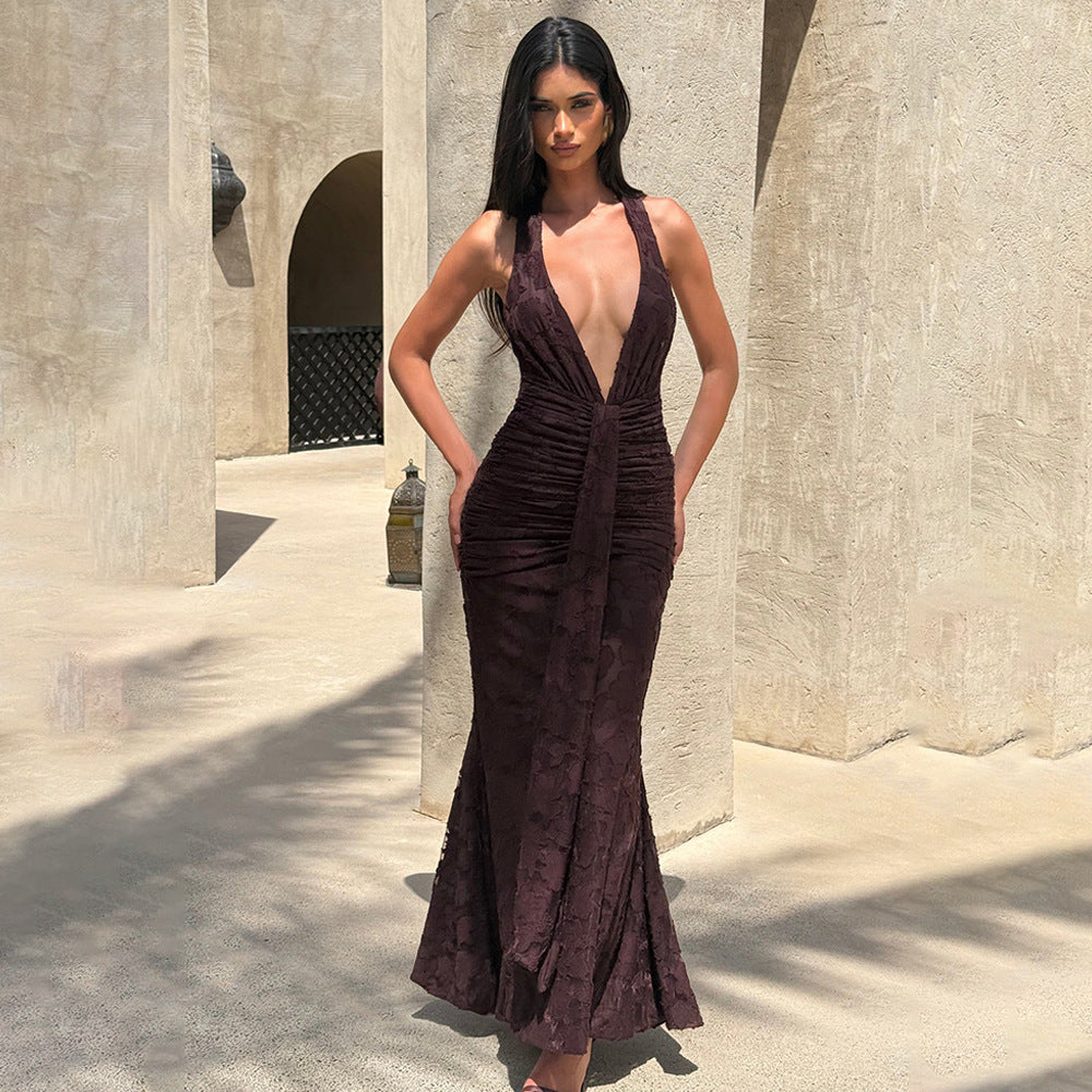 The Noor Deep-V Lace Pleated Backless Maxi Dress