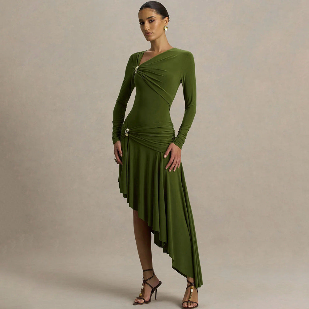 The Maya Asymmetric Pleated Maxi Dress