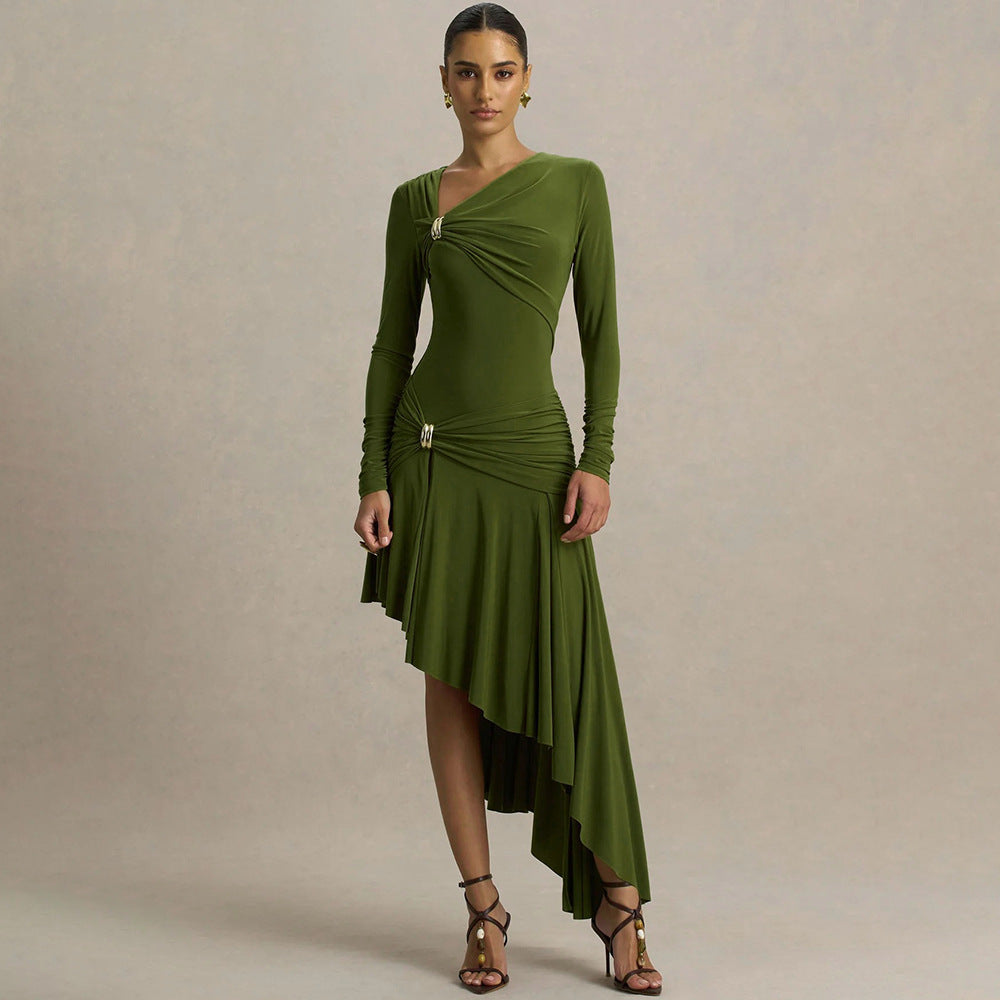 The Maya Asymmetric Pleated Maxi Dress